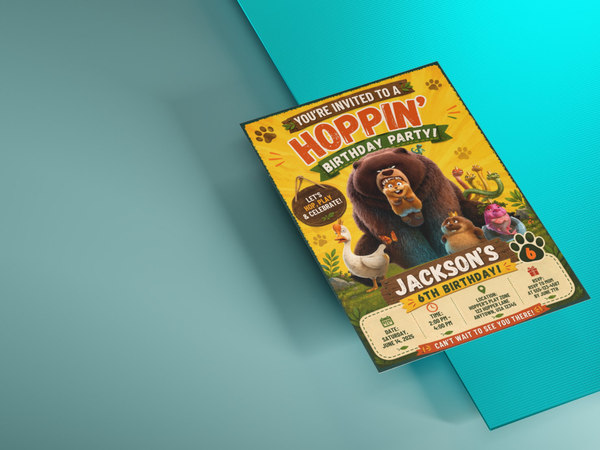 Hoppers movie birthday invitation preview with bold birthday text, animal characters, green foliage, and a warm yellow illustrated background.