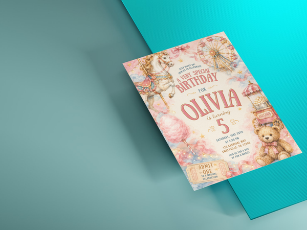 Editable carnival birthday invitation artwork showing a playful watercolor fairground theme with carousel, Ferris wheel, teddy bear, florals, and pastel party colors