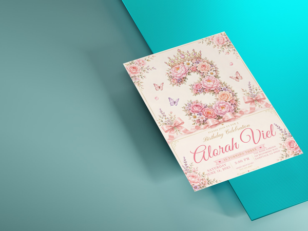 Watercolor-inspired floral princess birthday invitation with blush roses, cream background, butterflies, and satin ribbon bows.
