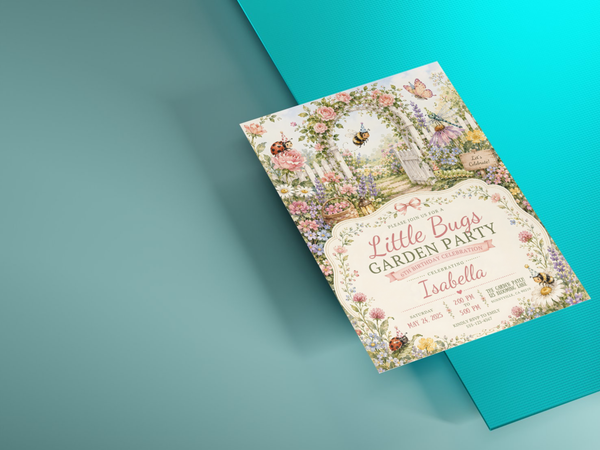Little Bugs birthday party invitation artwork in a whimsical watercolor garden style with roses, daisies, greenery, and insects