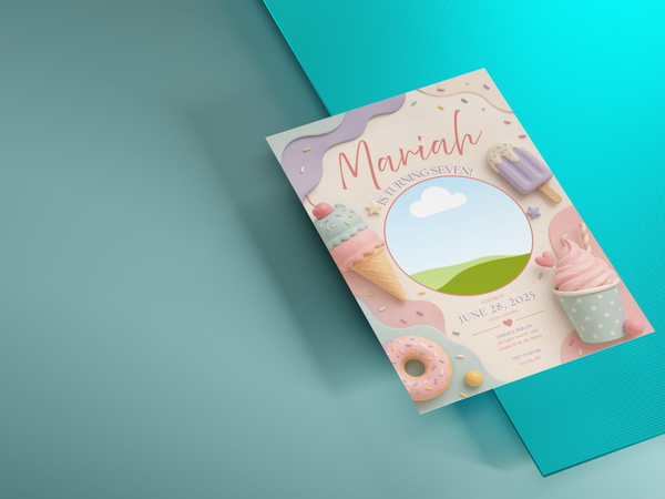 Colorful ice cream themed birthday invitation mockup with playful pastel treats, sprinkles, and a cheerful kids party aesthetic.