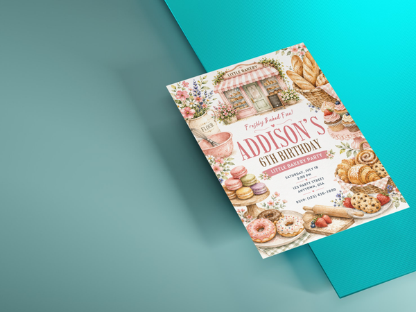 Bakery birthday invitation artwork with a cozy pastry-shop scene, bread basket, sweet treats and soft pastel floral decoration.