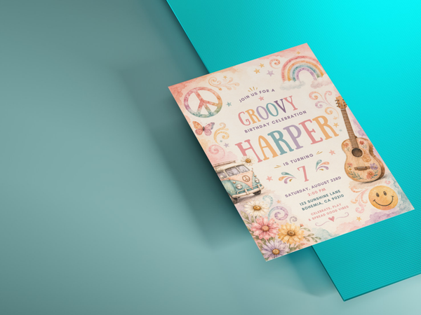 Retro flower-power birthday invitation featuring colorful flowers, rainbow, peace symbol, guitar and vintage-inspired decorative elements.