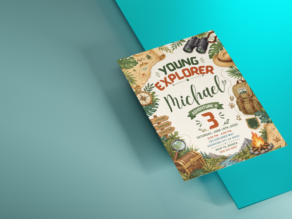 Adventure birthday invitation template with treasure chest imagery, explorer motifs and earthy woodland-inspired details.