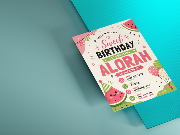 Watermelon themed birthday invite with red fruit accents, green details, party icons, stars, and cheerful typography