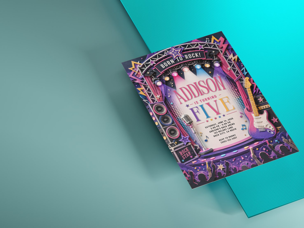 Editable rock star birthday invitation with a bold concert stage, purple and pink lighting, guitar, microphone and crowd.