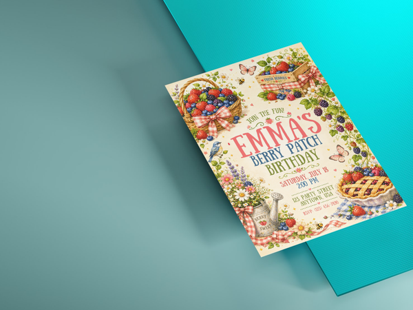 Berry garden birthday invitation template showing detailed strawberries, blueberries, raspberries, blackberries, flowers, butterflies, and gingham accents in a whimsical watercolor style.