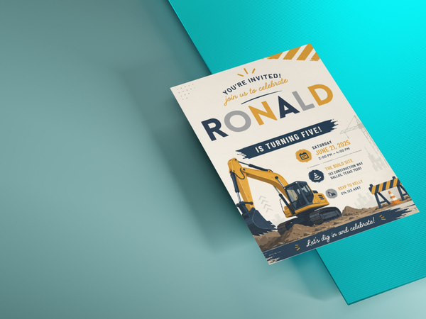 Construction vehicle birthday invitation template with yellow excavator artwork, roadwork motifs, navy blue accents, and customizable text.