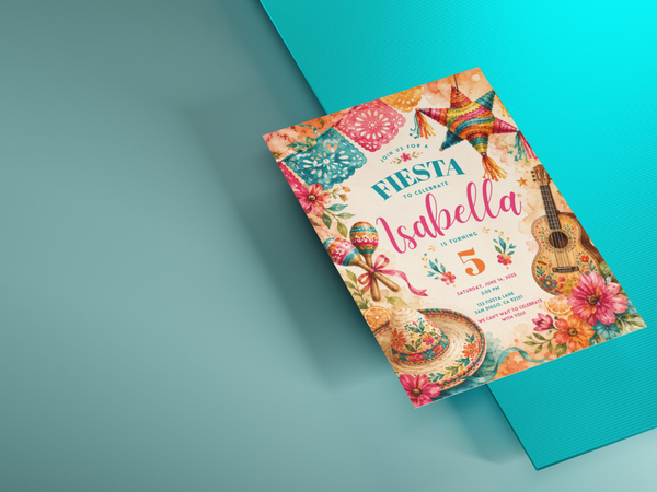 Colorful editable birthday invitation for a Fiesta party, decorated with sombrero, maracas, guitar, piñata, florals and citrus imagery.