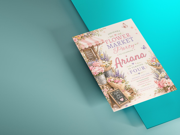 Editable text fields highlighted on the Flower Market invitation template
