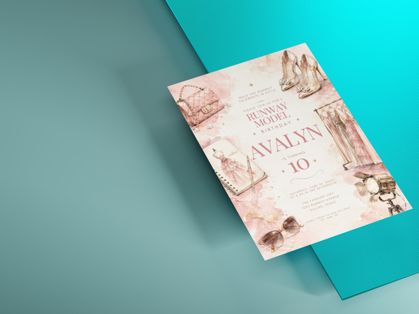 Glam fashion birthday invitation template with pink watercolor artwork, dresses, heels and a studio spotlight motif