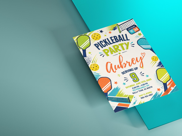 Sports-themed pickleball birthday invite featuring paddle illustrations, pickleballs, court-inspired details and celebratory star accents.
