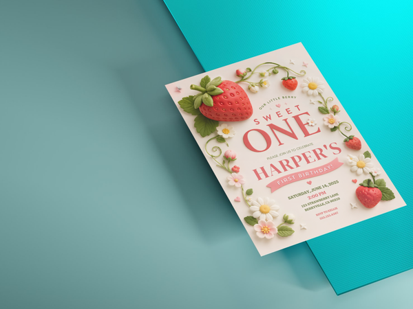 Sweet strawberry birthday invitation featuring a red strawberry motif, botanical greenery, white daisies, pink flowers, and a soft blush and cream watercolor palette.