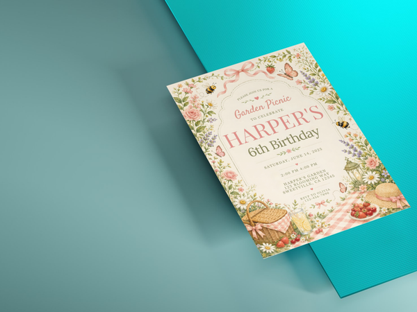 Watercolor garden birthday invitation featuring roses, daisies, strawberries, greenery and charming picnic motifs.