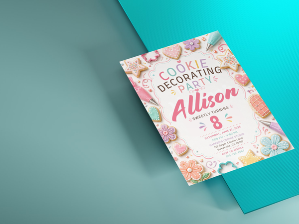 Kids baking party birthday invitation template featuring decorated cookies, pastel colors and sweet cookie-party motifs.