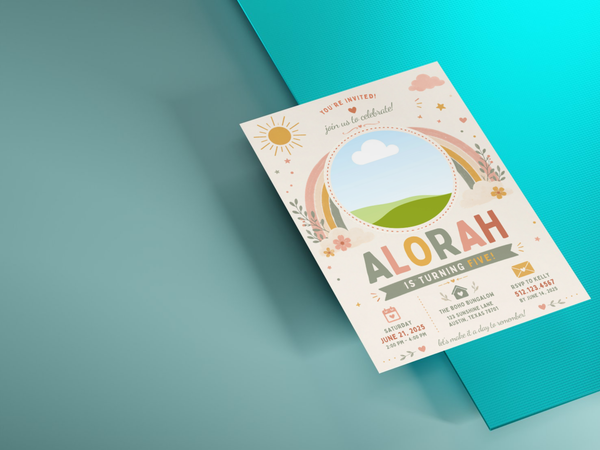 Boho rainbow birthday invitation artwork with floral details, leafy branches, hearts, stars, and a cheerful pastel palette for a children’s party.