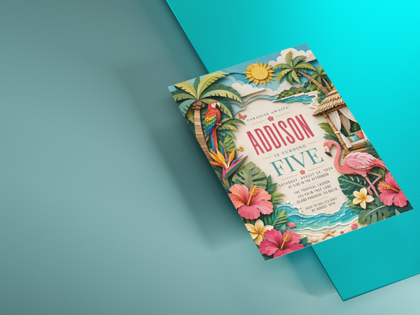 Colorful tropical flamingo birthday invite product preview with parrot, palm trees, hibiscus, turquoise water and island-inspired scenery