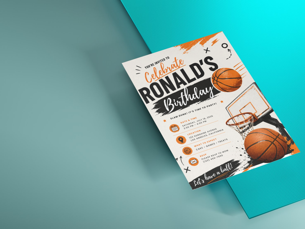 Basketball birthday invitation template featuring sports icons, orange basketball details, bold typography, and a portrait 5 by 7 layout.