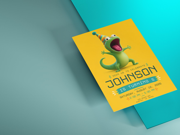 Hoppers birthday invitation template with green lizard character artwork, striped party hat, and colorful kid-friendly celebration styling.
