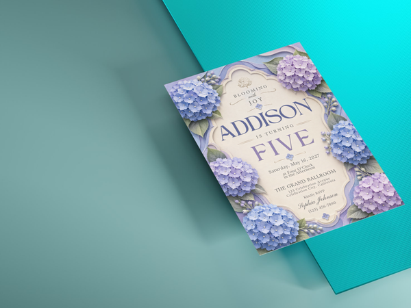 Garden-party birthday invitation template decorated with blue and lavender hydrangeas, cream framing, botanical leaves, and elegant customizable event text.