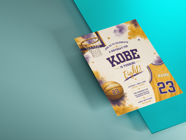 Game-day birthday invitation template featuring basketball imagery, a hoop, jersey details, star accents, watercolor texture, and athletic typography.