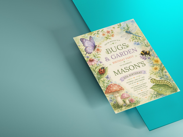 Bugs & Garden birthday invitation featuring a friendly watercolor caterpillar with flowers and greenery