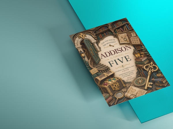 Editable Canva detective birthday invite with vintage storybook illustration, ornate library details, treasure-hunt objects, and customizable birthday information.