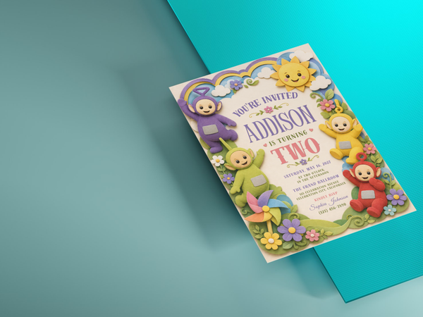 Red Teletubbies character featured on a colorful birthday invitation with floral decorations, green leaves, clouds, rainbow accents, and cheerful children’s party styling.