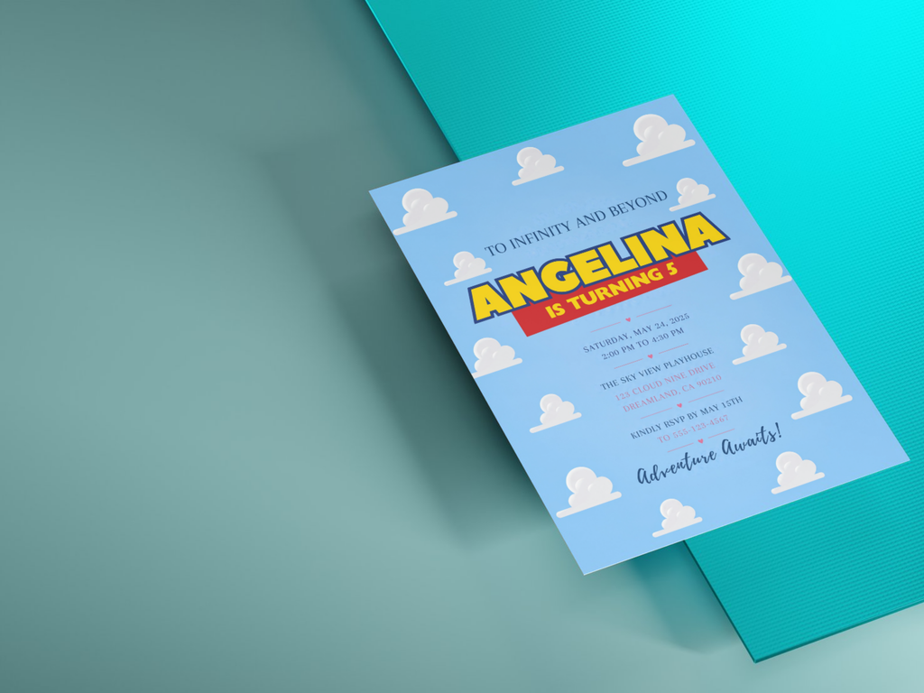 Space birthday party invitation template with white cloud illustrations across a blue sky and prominent celebrant name typography.