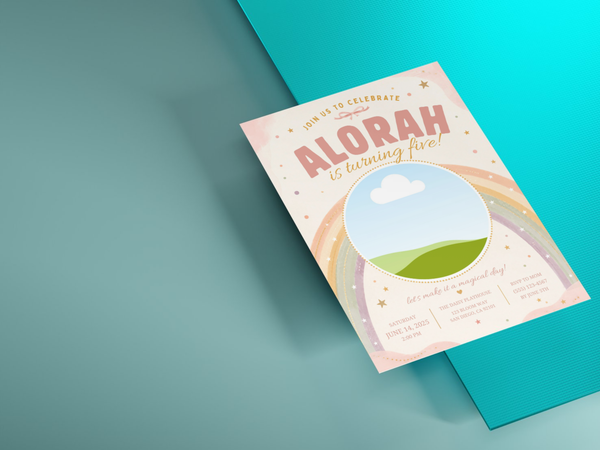 Whimsical boho rainbow birthday invitation featuring a soft pastel palette, layered rainbow arches, landscape scene, stars, and celebratory text