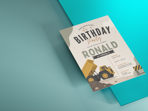 Construction birthday invitation template highlighting dump truck and roadwork artwork, yellow machinery accents, neutral tones, and playful typography for a kids party.