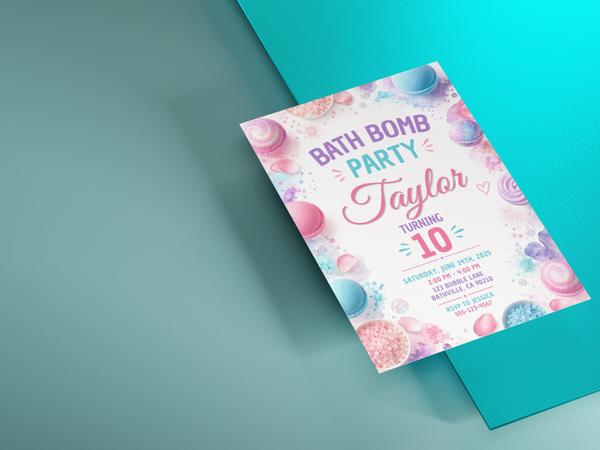 Pastel bath bomb birthday party invitation artwork featuring pink, blue and purple bath bombs, soft washes and playful birthday lettering.