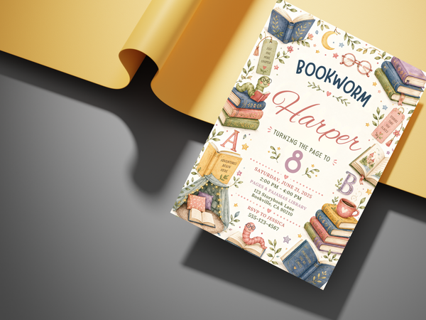 Little reader birthday invitation template with storybooks, reading glasses, a tea cup, botanical accents, and a charming bookish party aesthetic.