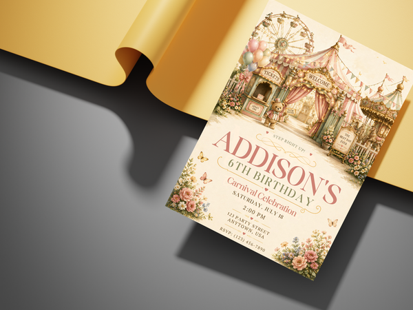 Gender-neutral carnival birthday invitation template featuring a pastel fairground, carousel, Ferris wheel, teddy bear, florals, and vintage watercolor styling