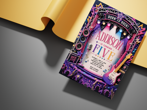 Music lover birthday invitation template with rock concert graphics, electric guitar, speakers, microphone and colorful lights.