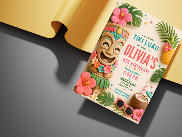 Island-themed birthday invitation featuring a tiki character, tropical greenery, pink hibiscus, pineapple and coconut accents in a cheerful illustrated style.