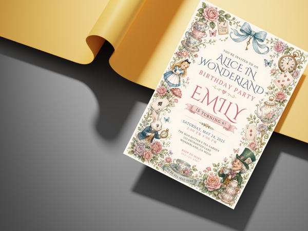 Alice in Wonderland editable birthday invitation template with whimsical florals, teacups, White Rabbit, Alice and vintage storybook illustrations