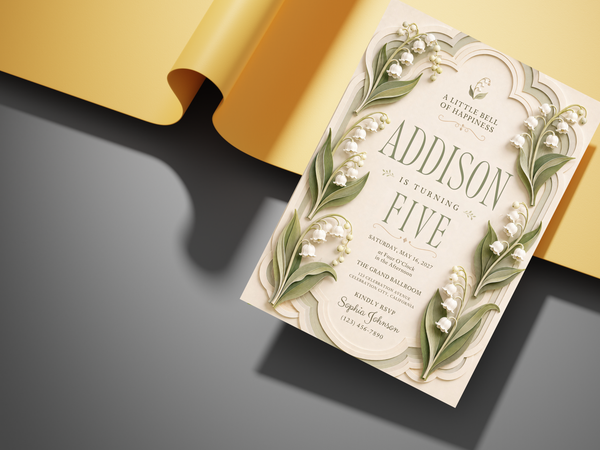 Elegant botanical birthday invite template with Lily of the Valley blooms, leafy green branches, cream background, and refined floral party details.