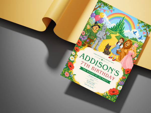 Wizard of Oz birthday party invitation design with green, blue, yellow, red and pink illustrated accents