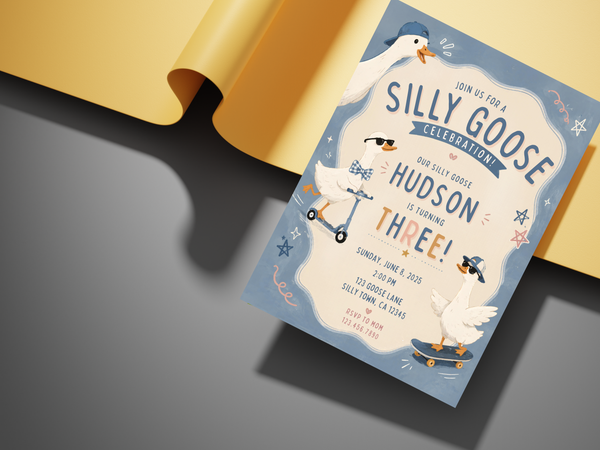 Goose-themed kids birthday invitation template with watercolor-style geese, playful transportation details, stars, hearts, and a soft vintage color palette.