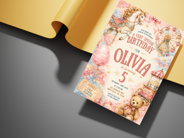 Children's carnival birthday invitation template with vintage storybook watercolor artwork, fairground motifs, carousel, teddy bear, bunting, and soft pink and gold details
