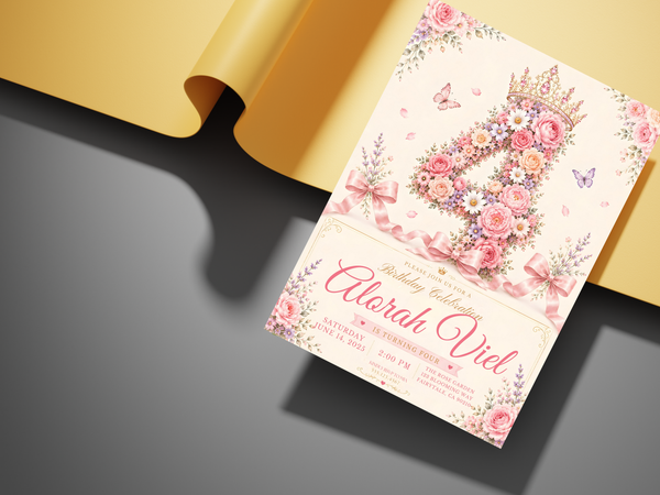 Butterfly and rose princess birthday invitation with pastel flowers, pink bows and a decorative crown