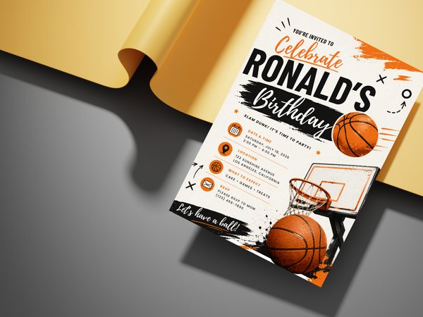 Editable sports birthday invitation with basketball imagery, orange accents, black and white brush graphics, and organized party information.