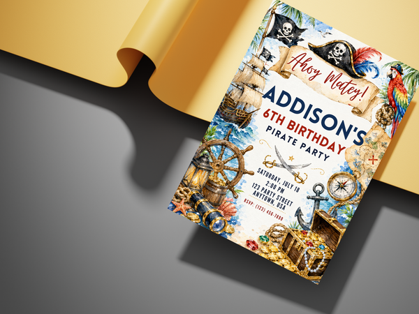 Vintage watercolor pirate party invitation with parchment background, nautical motifs, pirate ship, parrots, treasure chest, gold accents and bold birthday typography.