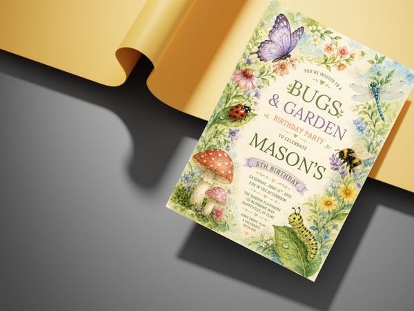 Bugs & Garden birthday invitation with botanical foliage, wildflowers and watercolor insect motifs