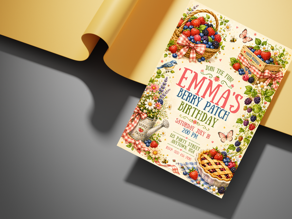 Rustic berry picnic birthday invitation artwork with watercolor berry baskets, fruit crate, garden foliage, floral accents, butterflies, gingham bows, and a decorative pie.