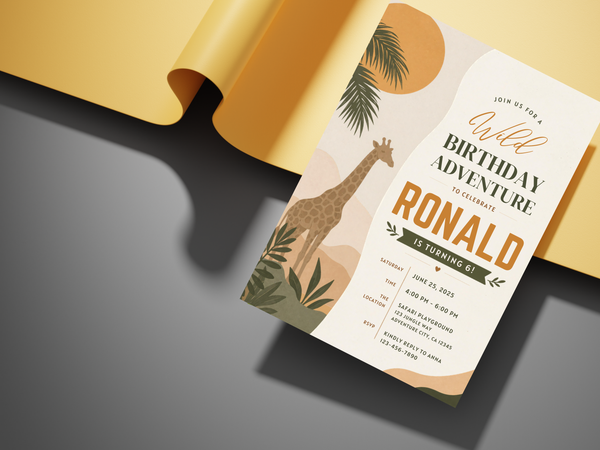 Safari party invitation design with giraffe, botanical foliage and an earthy palette.