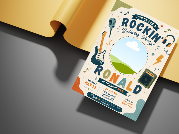Concert-inspired kids birthday invitation with a playful retro palette, illustrated music equipment and bold celebratory typography.