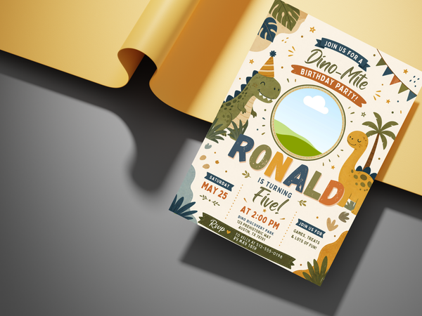 Dinosaur birthday invitation product image highlighting party details, tropical foliage, dinosaur illustrations, warm gold accents and portrait layout