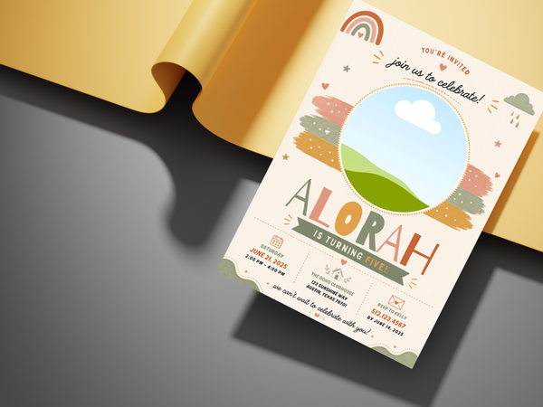 Pastel boho birthday invitation featuring a rainbow landscape, cloud and raindrops, layered brushstroke accents and a portrait 5 by 7 layout.